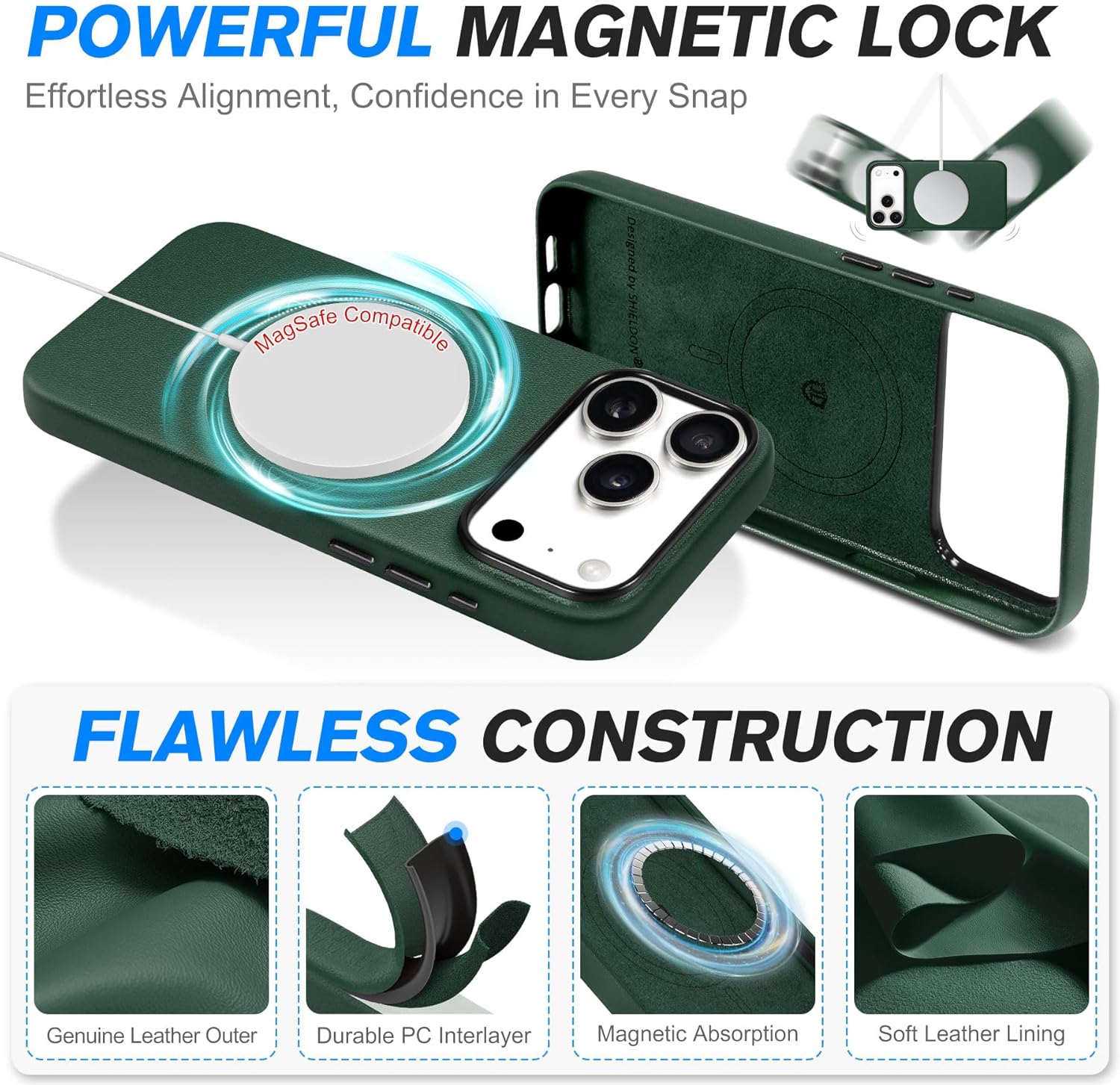 SHIELDON Genuine Leather Case for iPhone 17 Pro Max 6.9 2025 | [Camera Button Updated], Compatible with Magsafe, Magnetic Wireless Charging, Slim Fit, Shockproof, Protective Phone Cover - Evergreen